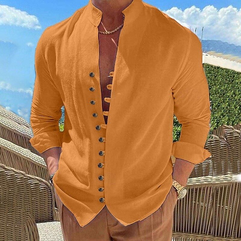 Men's Cotton Linen Shirt- Button-Up Band Collar