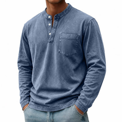 100% Cotton Henley T-Shirt-Vintage Washed Look