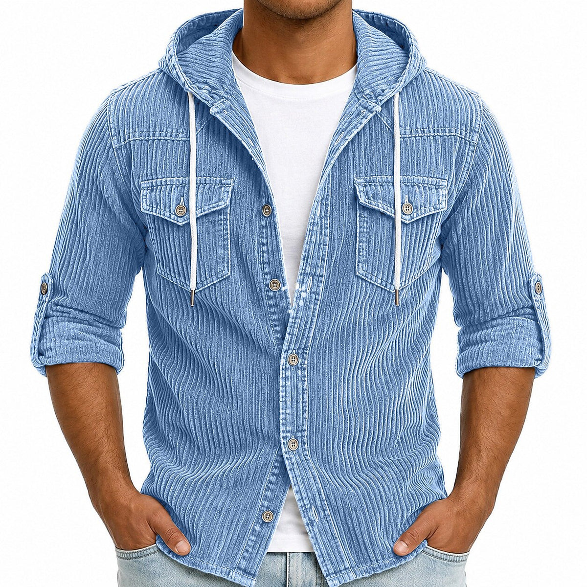 Textured Corduroy Hooded Cargo Shirt