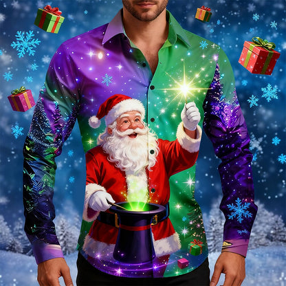 Christmas Santa Tree Lights Button Shirt