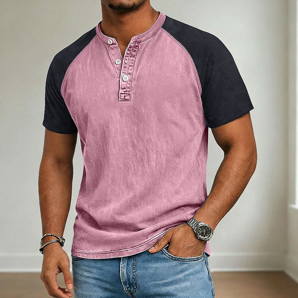 Men's Henley Shirt-100% Cotton Short Sleeve, Color Block Patchwork