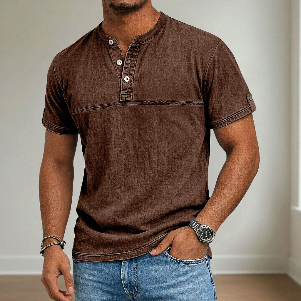 100% Cotton Henley T-Shirt-Vintage Washed Look