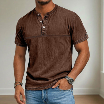 100% Cotton Henley T-Shirt-Vintage Washed Look