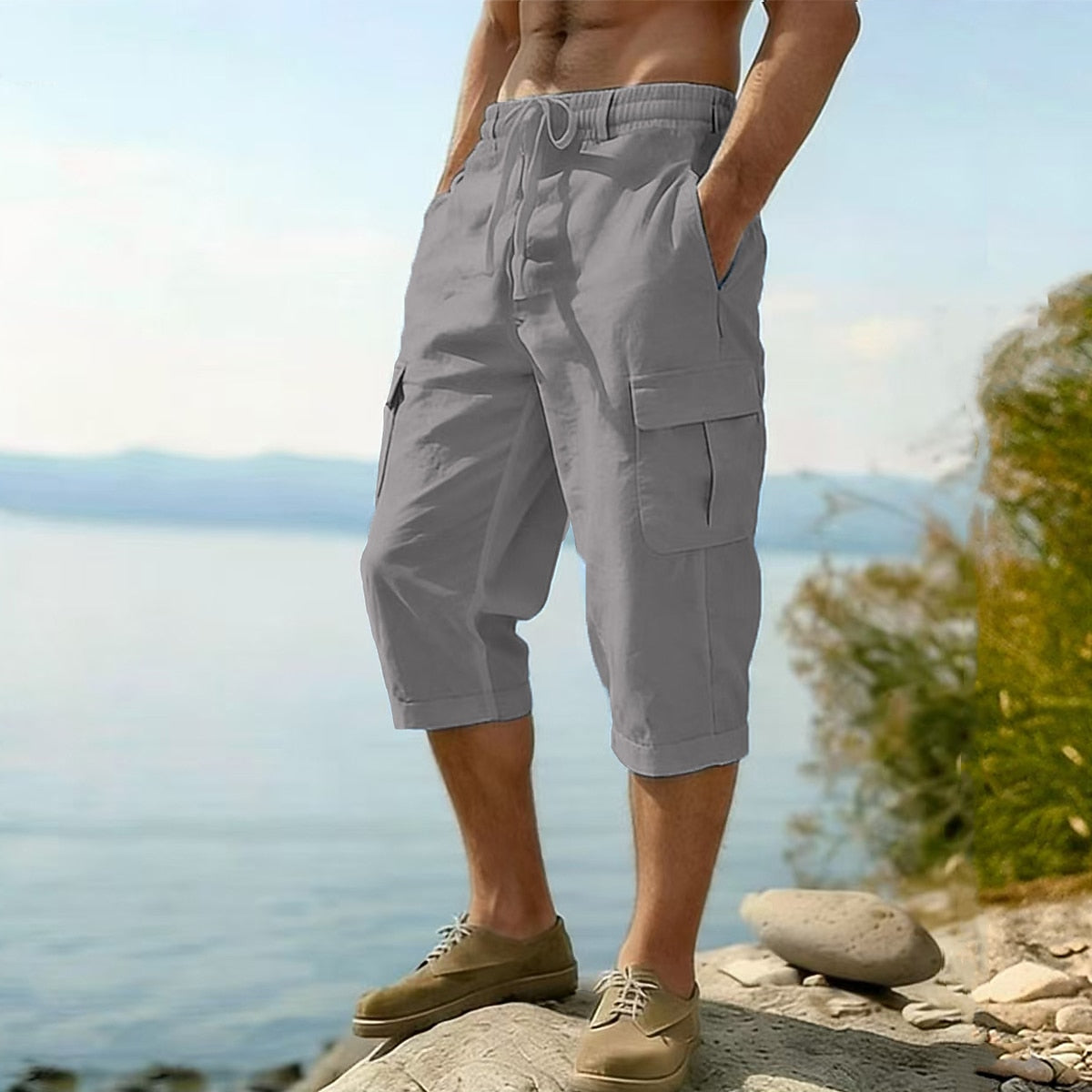 Men's Cotton Linen Shorts - Elastic Waist Multi Pockets