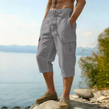 Men's Cotton Linen Shorts - Elastic Waist Multi Pockets