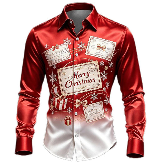 Christmas Scene Ornaments Satin Button Shirt