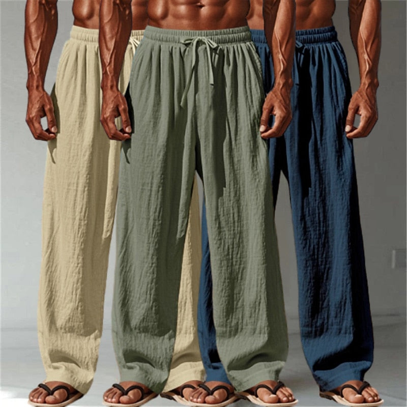 3PCS Cotton Linen Pants - Baggy Drawstring Casual Pants