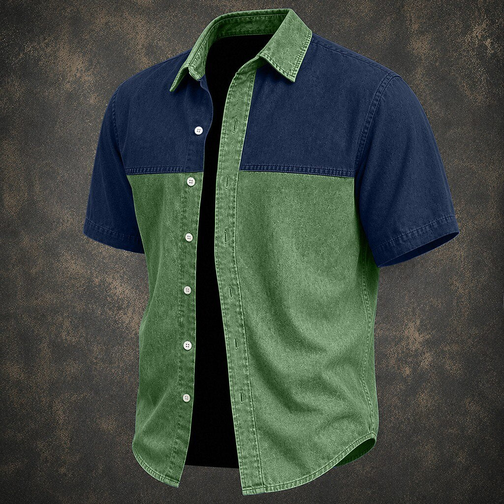 Washed Cotton Colorblock Denim Shirt