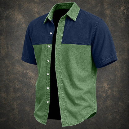 Washed Cotton Colorblock Denim Shirt