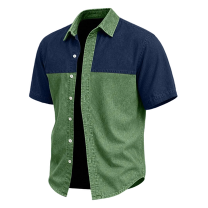 Washed Cotton Colorblock Denim Shirt