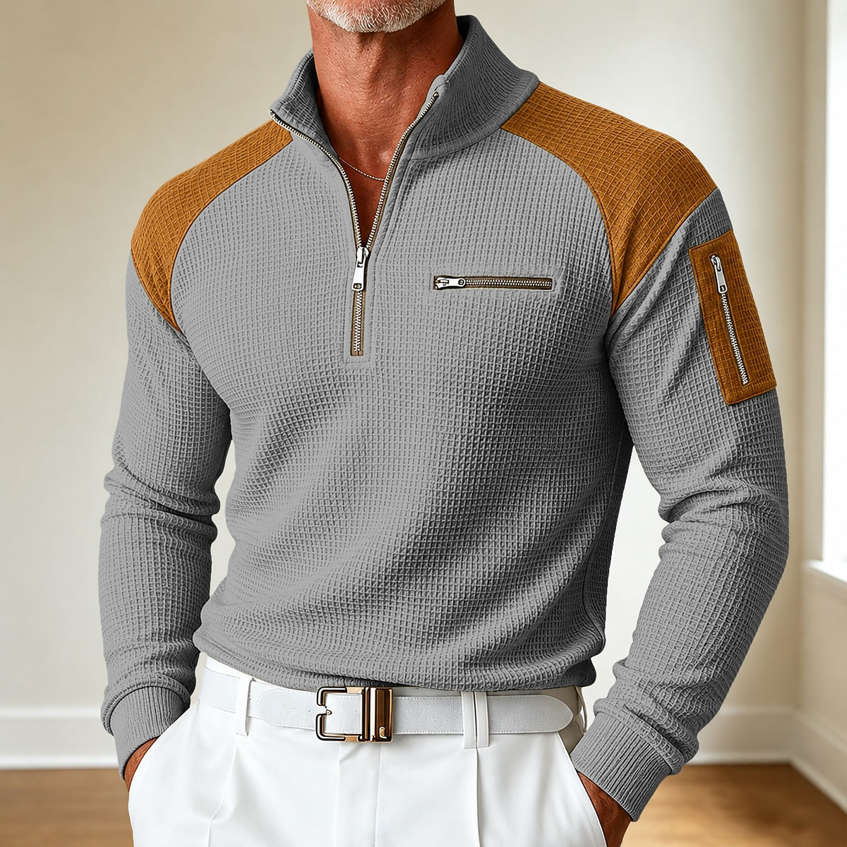 Quarter Zipped Colorblock Waffle Henley