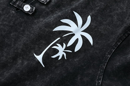Close-up of a dark grey cotton Henley shirt by LoomBasics featuring a white palm tree graphic.