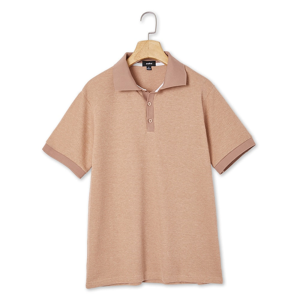 Textured Waffle Polo-Soft Summer Lapel Collar Shirt