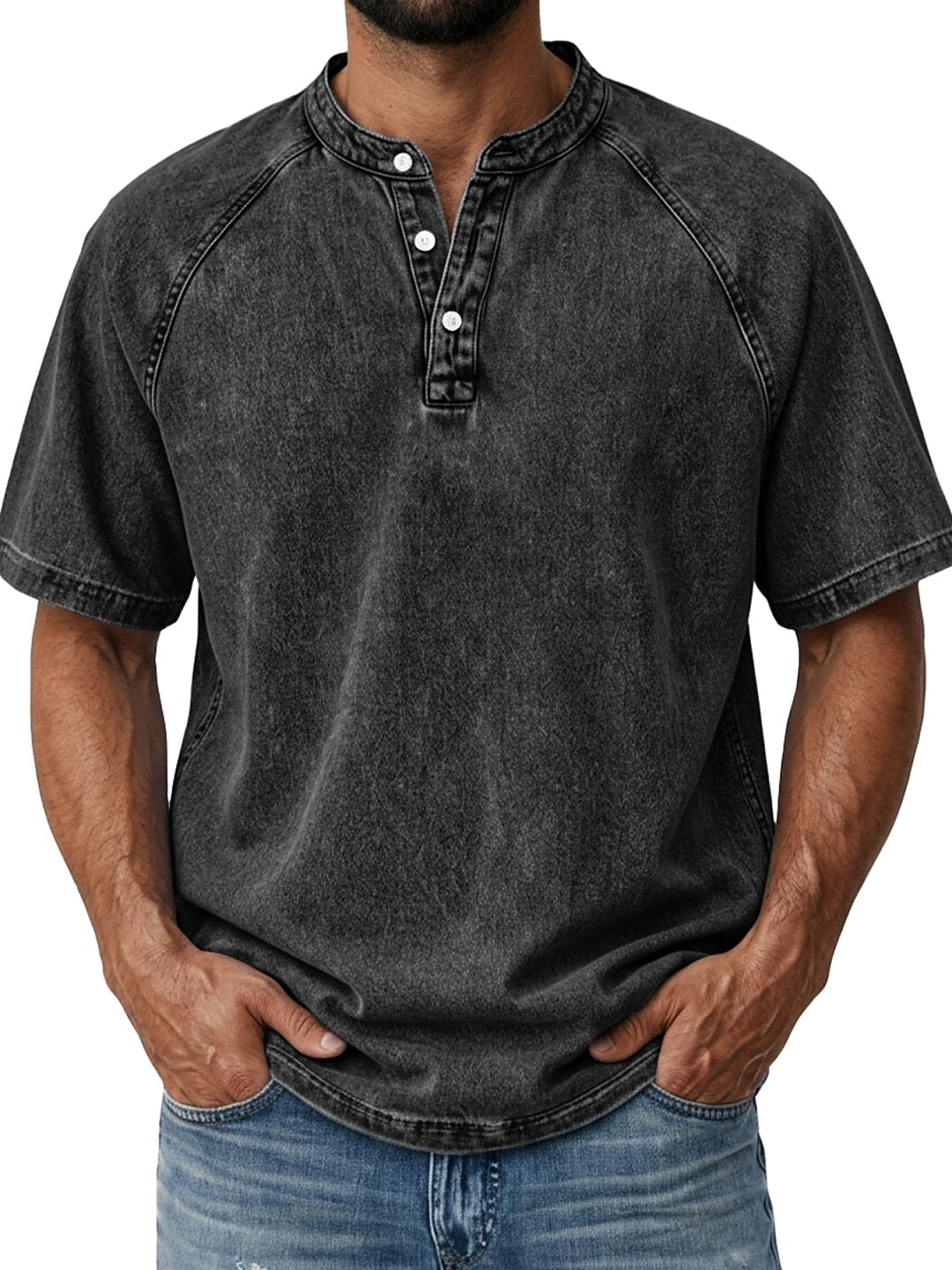 Men's Retro Henley Tee-100% Cotton, Vintage Washed Short Sleeve