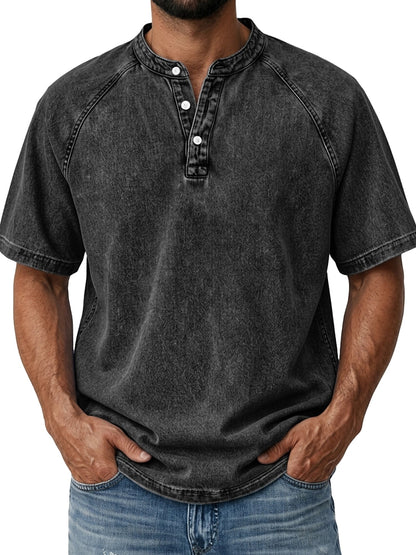Men's Retro Henley Tee-100% Cotton, Vintage Washed Short Sleeve