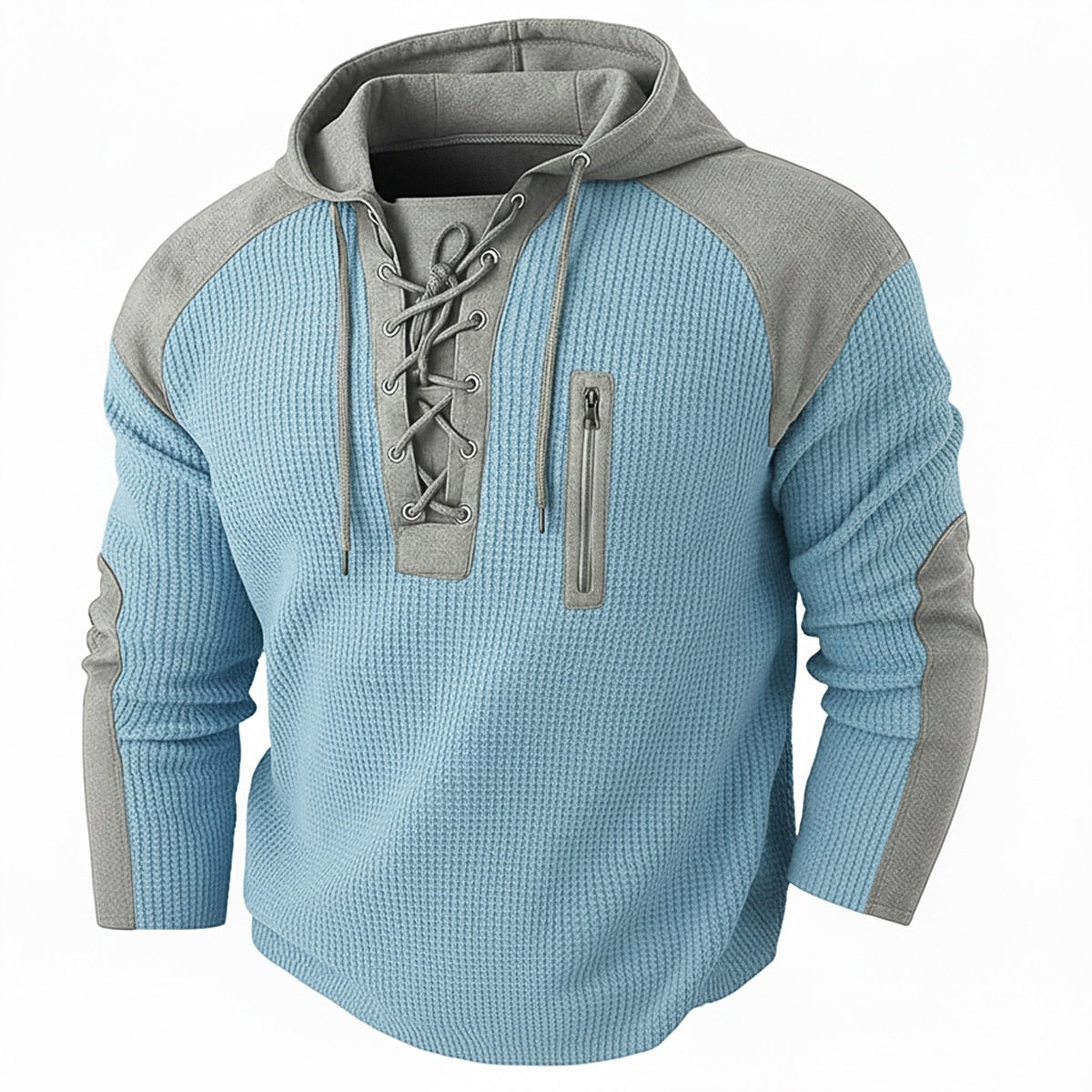 Lace Up Neck Hooded Waffle Henley Shirts