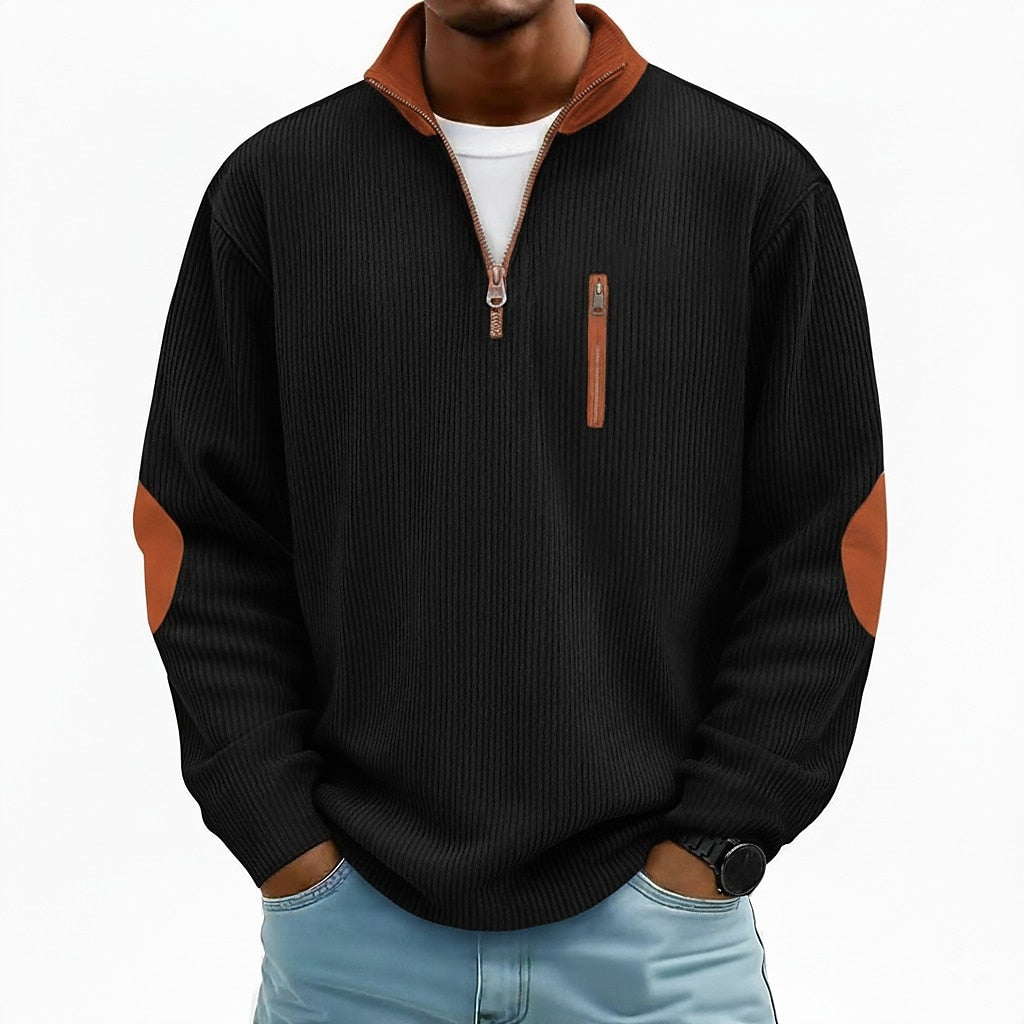 Patchwork Corduroy Zipped Henley Shirt