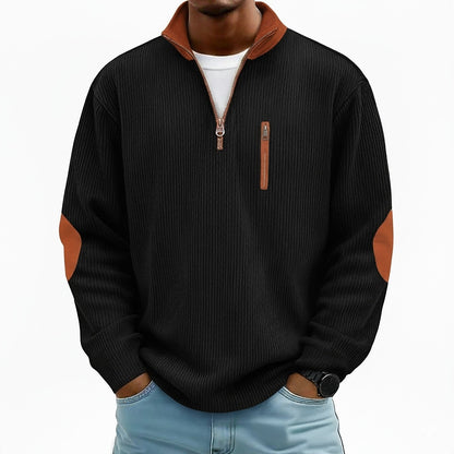 Patchwork Corduroy Zipped Henley Shirt
