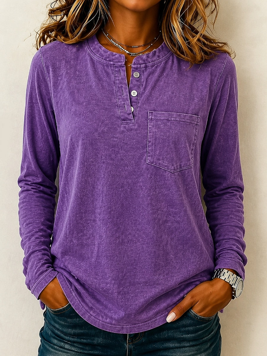 Woman wearing a LoomBasics vintage purple 100% cotton long sleeve Henley shirt with chest pocket