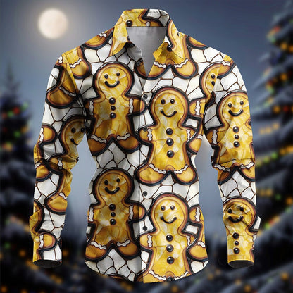 Men's Gingerbread Christmas Long Sleeve Button Shirt