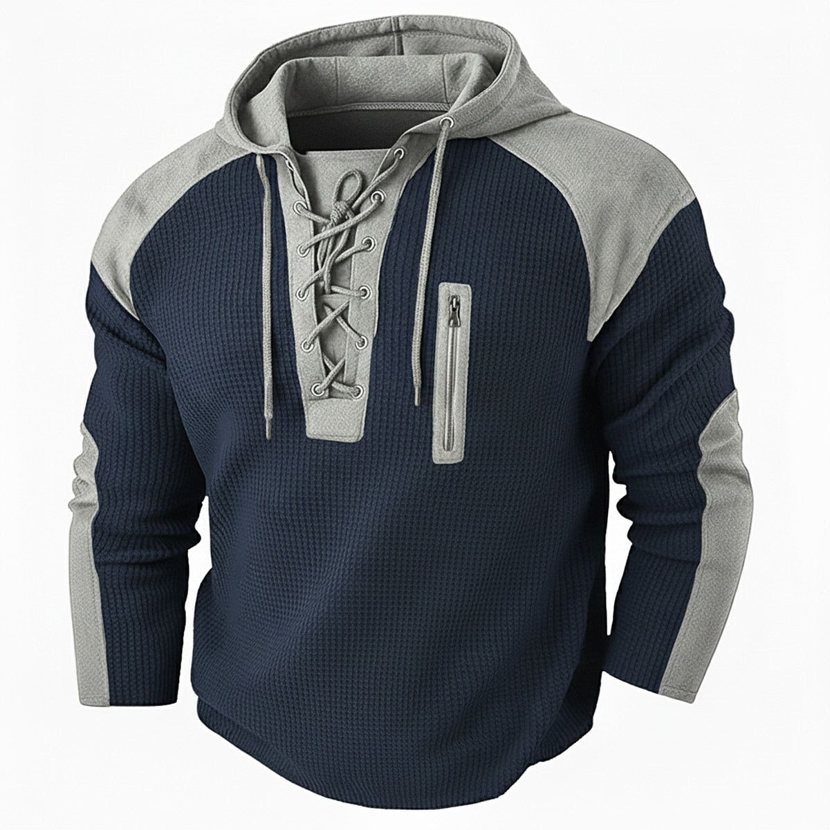 Lace Up Neck Hooded Waffle Henley Shirts