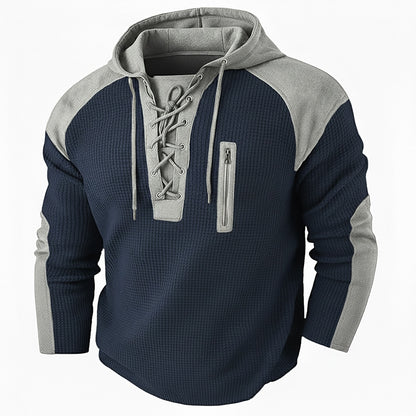 Lace Up Neck Hooded Waffle Henley Shirts