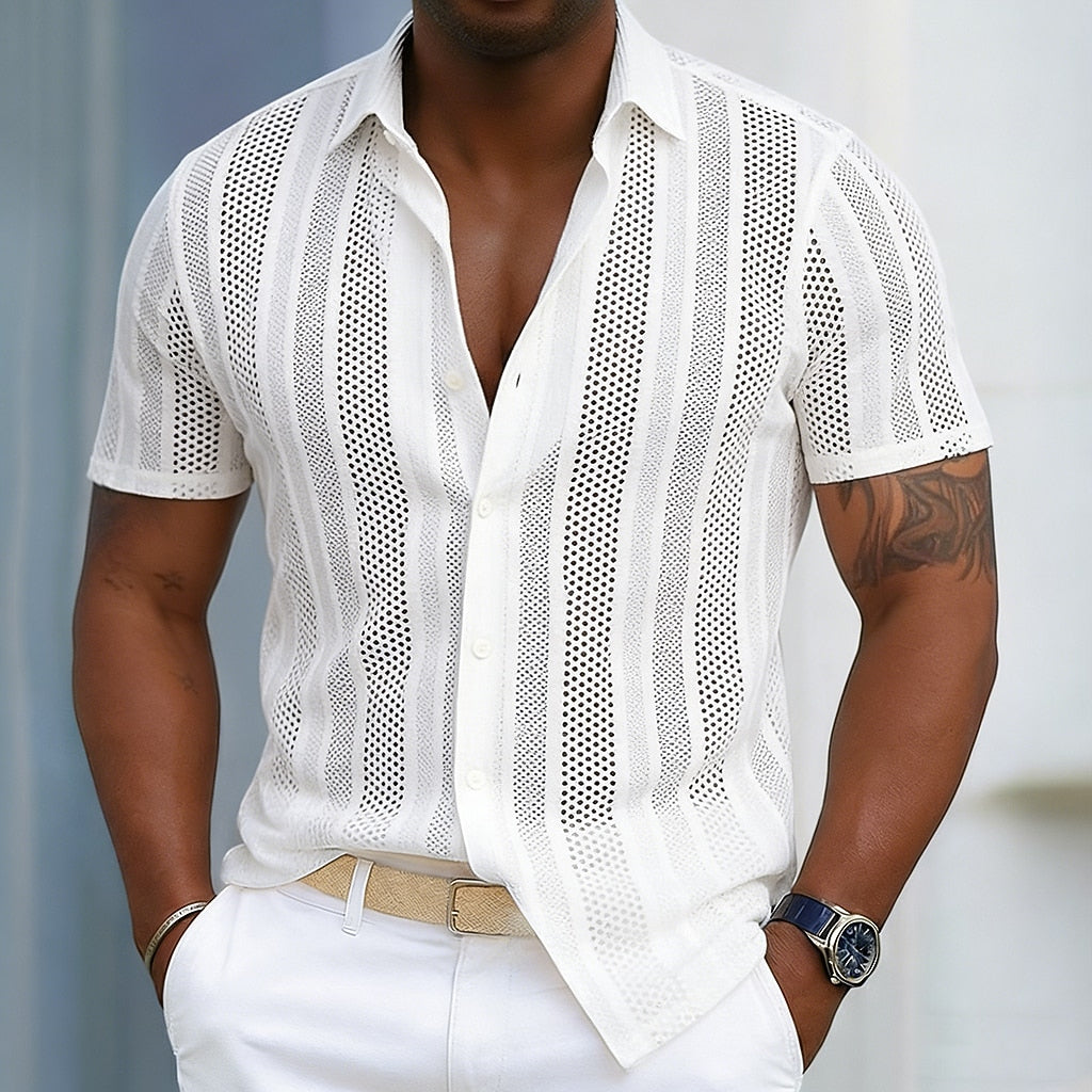 Men's Jacquard Button-Down Shirt-Textured Short Sleeve Top