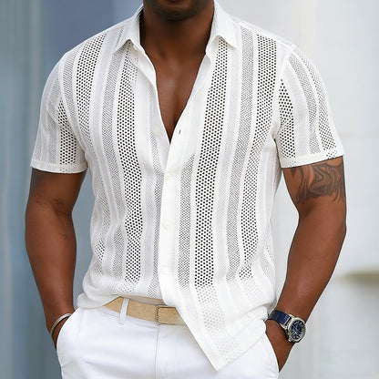 Men's Jacquard Button-Down Shirt-Textured Short Sleeve Top