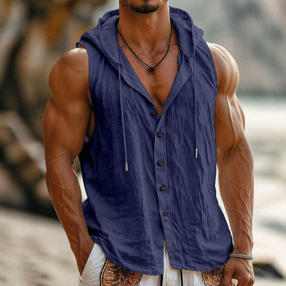 Hooded Sleeveless Cotton Linen Shirt - Light & Comfortable