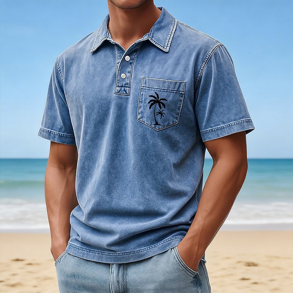 Palm Tree Washed Cotton Polo Shirt
