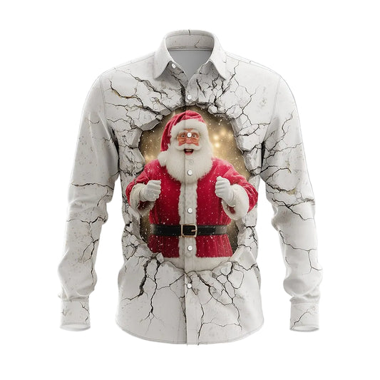 Christmas Santa Cracked Wall Button Shirt