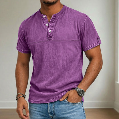 100% Cotton Henley T-Shirt-Vintage Washed Look