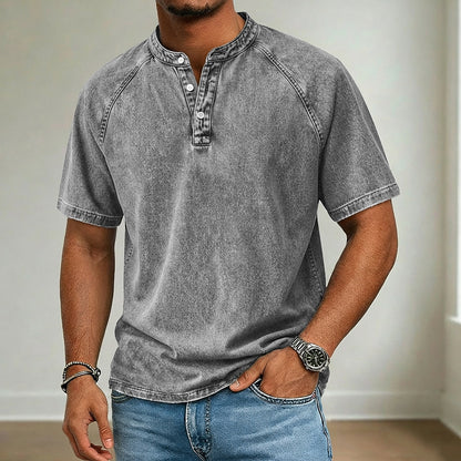 Retro 100% Cotton Demin Henley T-Shirt