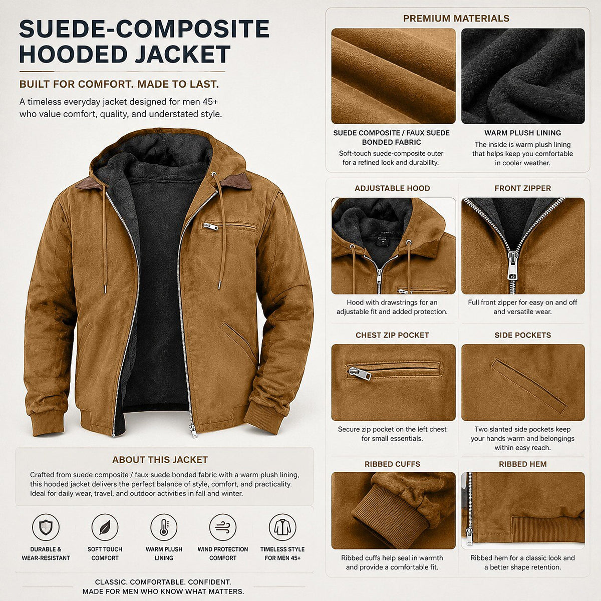 Suede Fleece Hooded Jacket for Everyday Wear