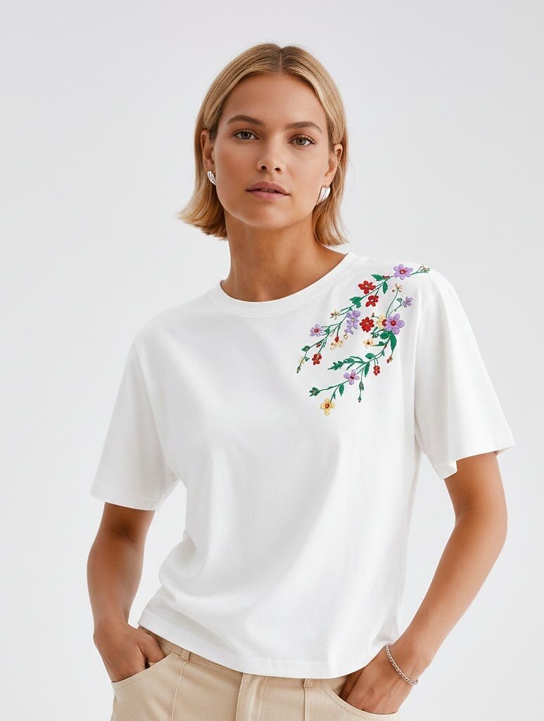 Woman wearing a LoomBasics white 100% cotton t-shirt with colorful floral embroidery on the shoulder