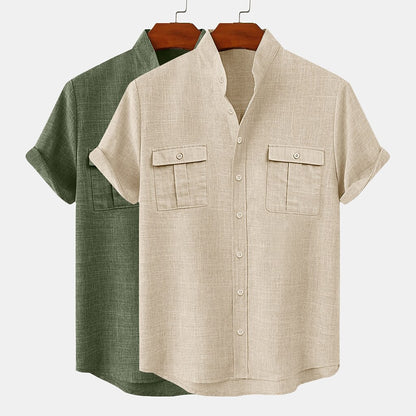 2-Pack Band Collar Linen Shirts