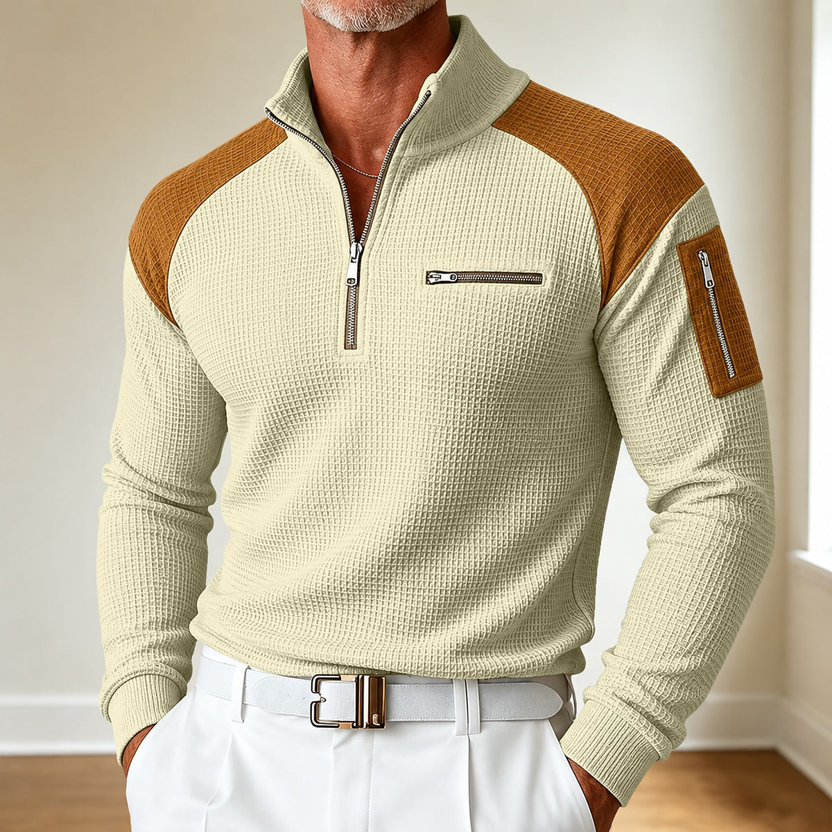 Quarter Zipped Colorblock Waffle Henley