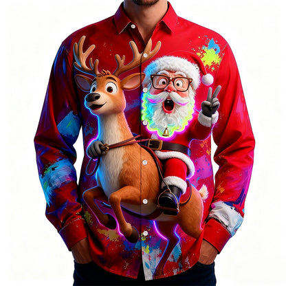 Christmas Santa Reindeer Funny Button Shirt