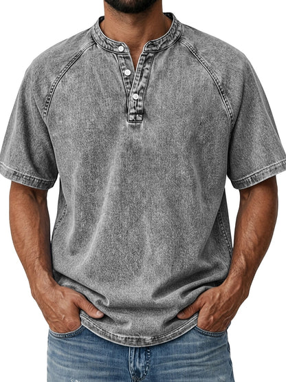 Men's Retro Henley Tee-100% Cotton, Vintage Washed Short Sleeve