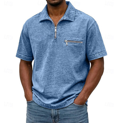 Zip Up Washed Cotton Polo