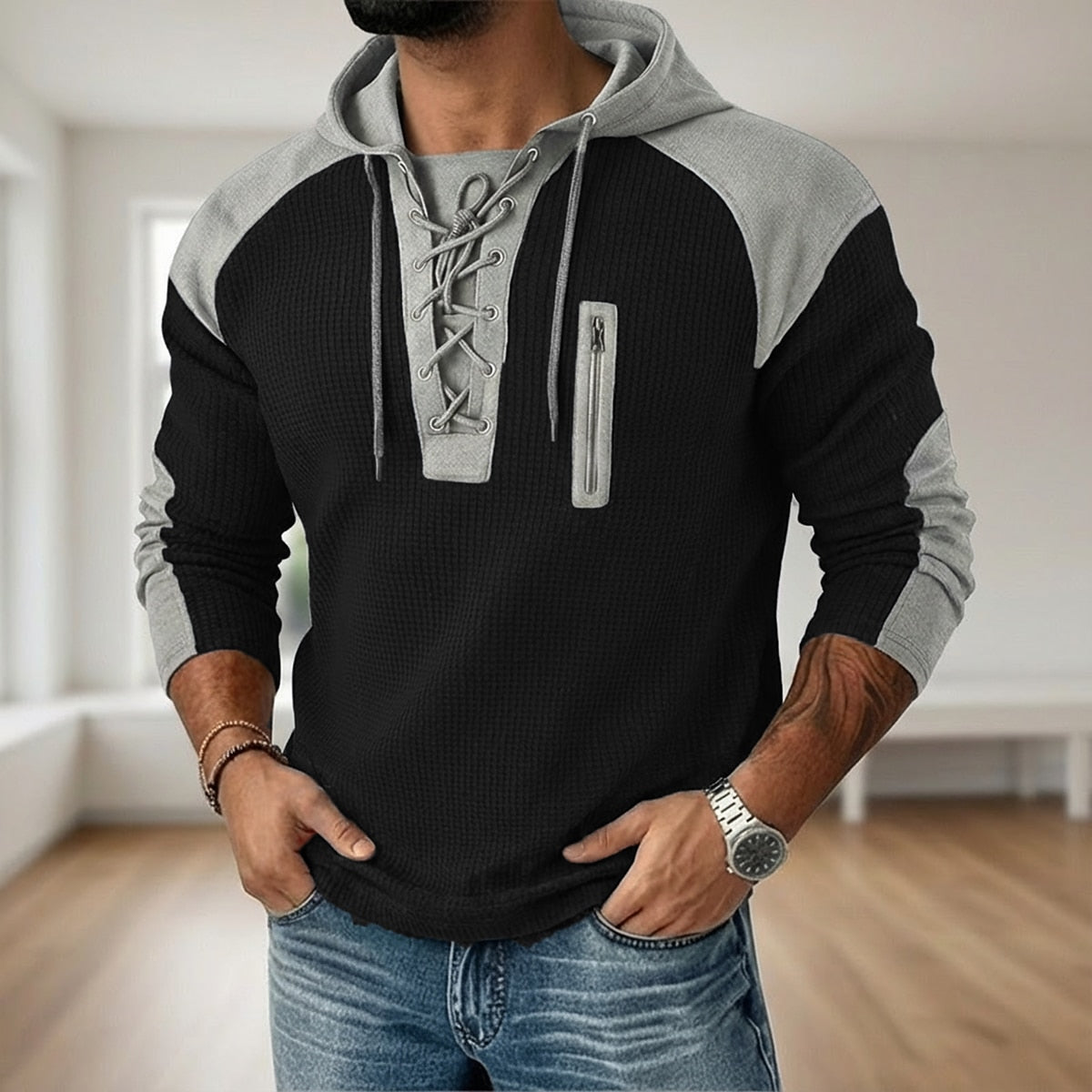 Colorblock Hooded Waffle Henley Shirts