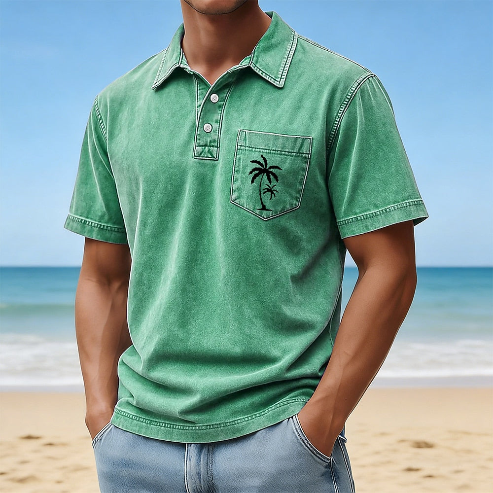 Palm Tree Washed Cotton Polo Shirt