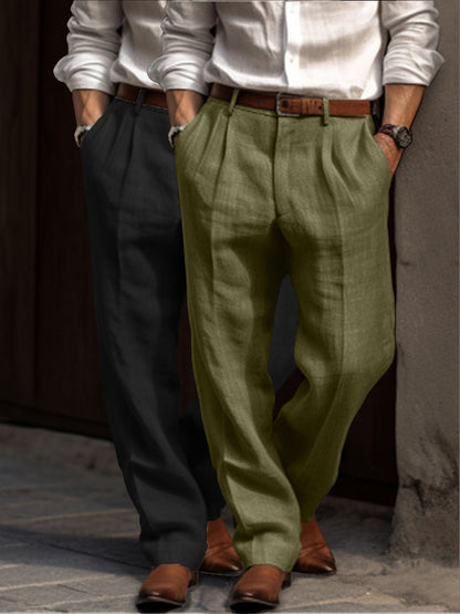 Men's Linen Dress Pants - Pleated Pants Straight Leg for Summer Comfort