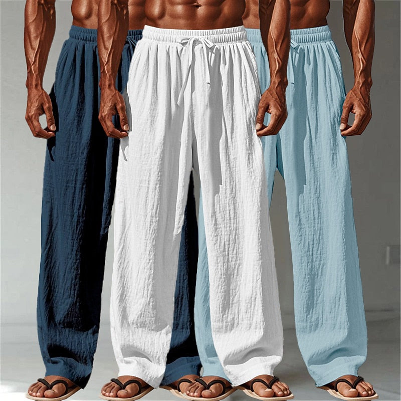 3PCS Cotton Linen Pants - Baggy Drawstring Casual Pants