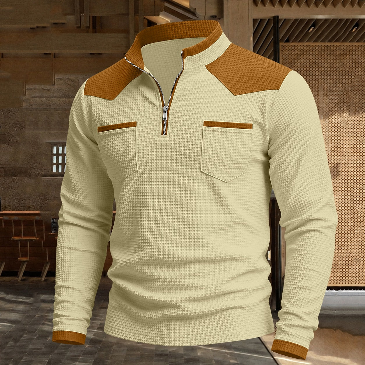 Patchwork Quarter Zip Waffle Polo
