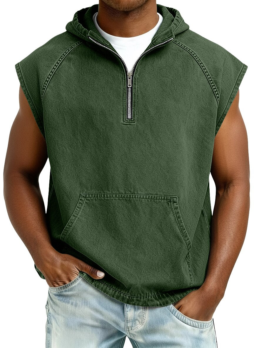 Men's Acid Washed Cotton Tank Top -Sleeveless Hooded Zip Top
