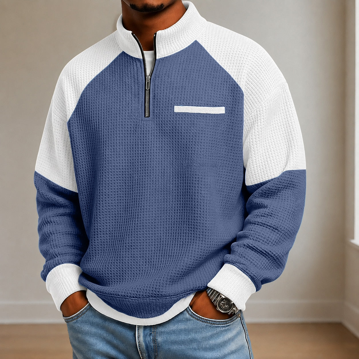 Textured Colorblock Banded Collar Waffle Polo