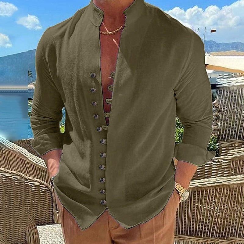 Men's Cotton Linen Shirt- Button-Up Band Collar