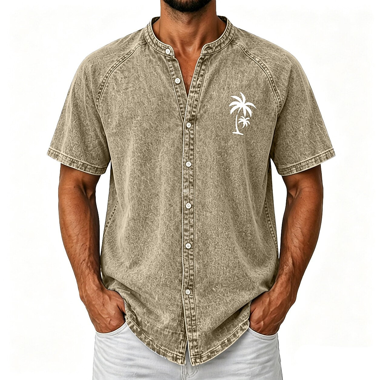 Broken-In Cotton Palm Tree Button Up Shirt