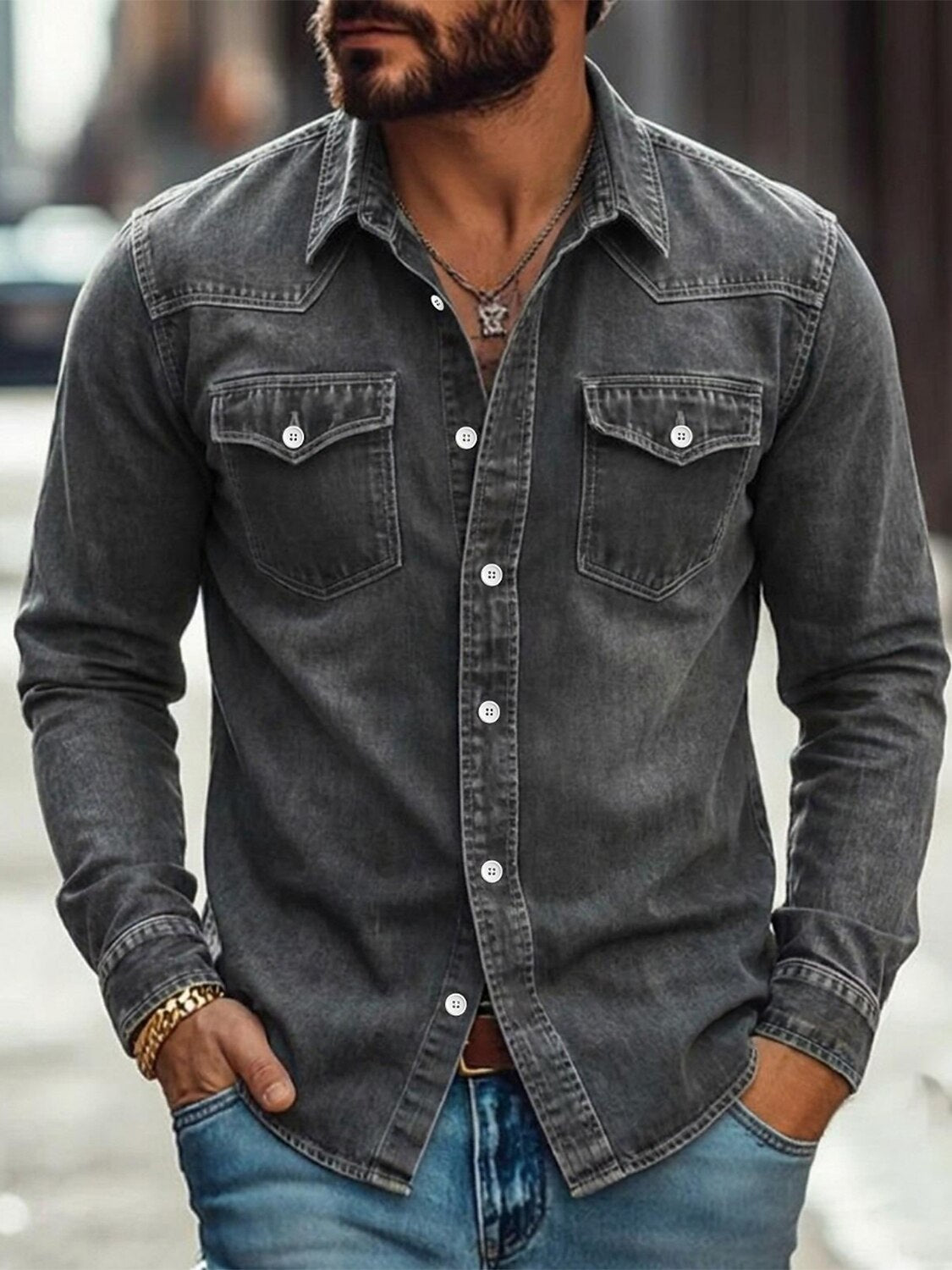 Vintage Washed Cotton Denim Work Shirt